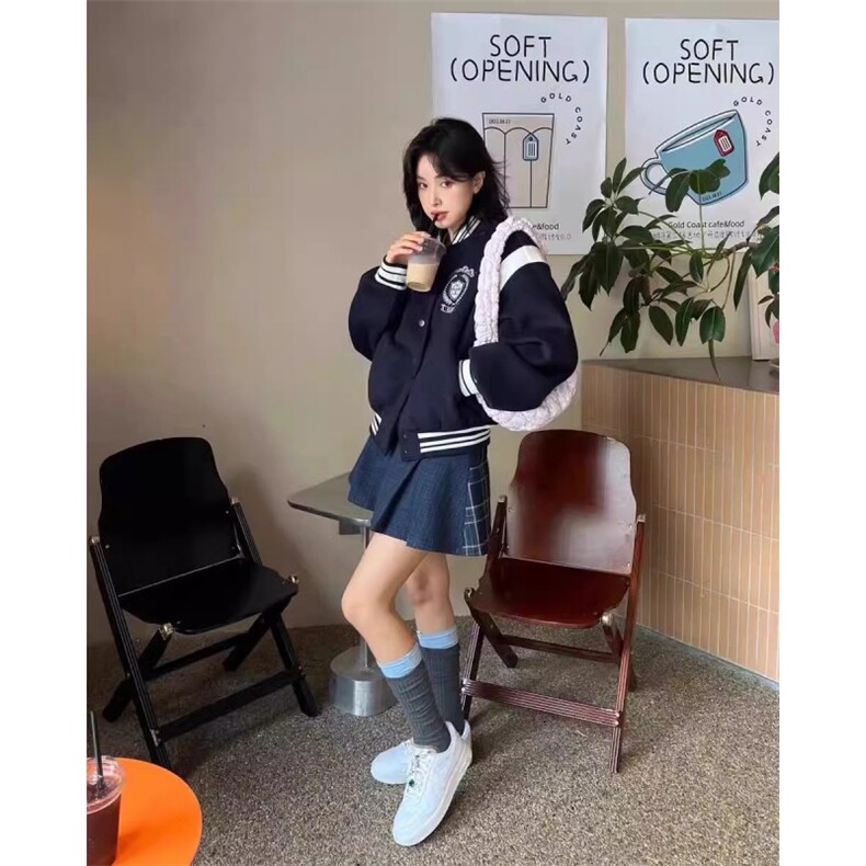 F240120-P98秋季撞色字母刺绣棒球服外套男女毛呢宽松立领夹克,女装短外套,星座617A-2