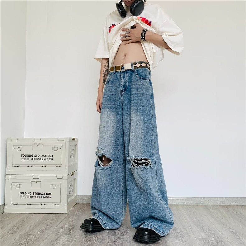 美式高街牛仔套装男韩版潮流破洞个性2023夏季ins长裤W4925-P88,男装休闲套装,星座412-2