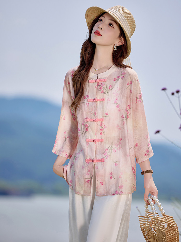 新中式天丝棉麻套装女2026夏季新款粉色印花盘扣衬衫阔腿裤两件套,女装套装/套裙,水衣源