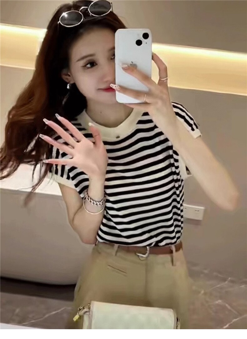 夏季新款条纹飞飞袖羊毛短袖女,女装T恤,佳弈羊绒