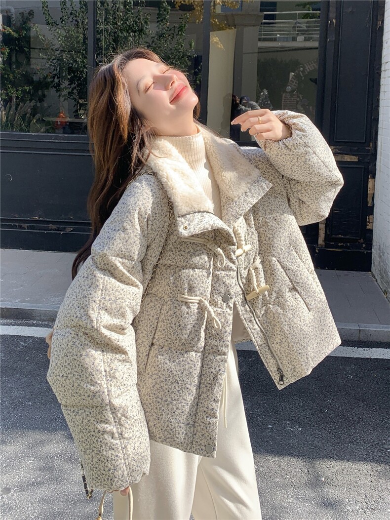 撞色短款小香风碎花羽绒服2025新款女冬独特漂亮毛绒领派克服外套,女装羽绒服,慧尚2-185