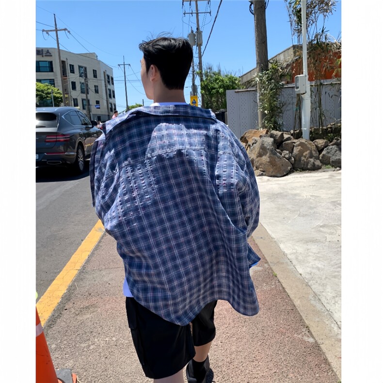 衬衫男士韩版宽松长袖休闲格子寸衫潮牌衬衣外套710-820P45,男装衬衫,星座710