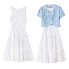 时尚蕾丝花边设计感短外套两件套2025夏季新款白色背心连衣裙套装，女装套装/套裙，慕依路