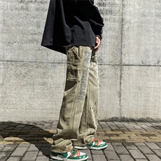 高街刺绣泼墨牛仔裤直筒潮牌长裤男女2023秋季N0162-P58，男装牛仔裤，星座308B-1