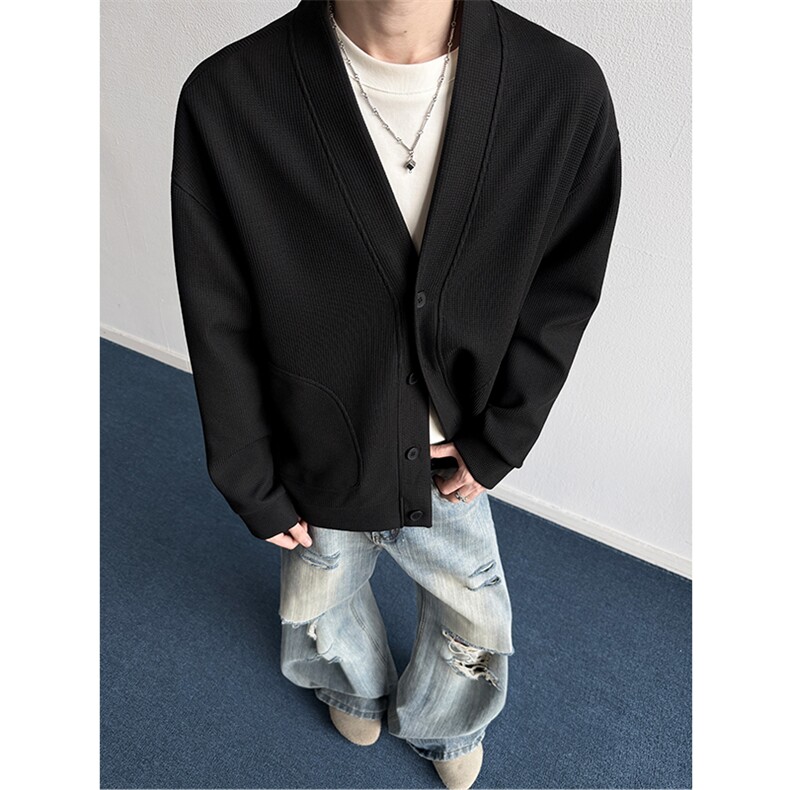 2026春季新款380g重磅华夫格百搭针织V领开衫外套J6509-特P35控78，女装短外套，电商A001-1