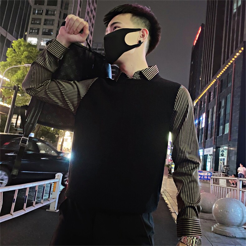 MY90加绒/P96控138冬季假两件衬衫领加厚条纹拼接针织毛衣男黑首1,男装针织衫/毛衣,星座305B