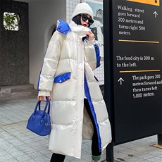 现货2022年冬季新款过膝撞色连帽韩版情侣同款休闲长款白鸭绒，女装羽绒服，火爆靓佳人