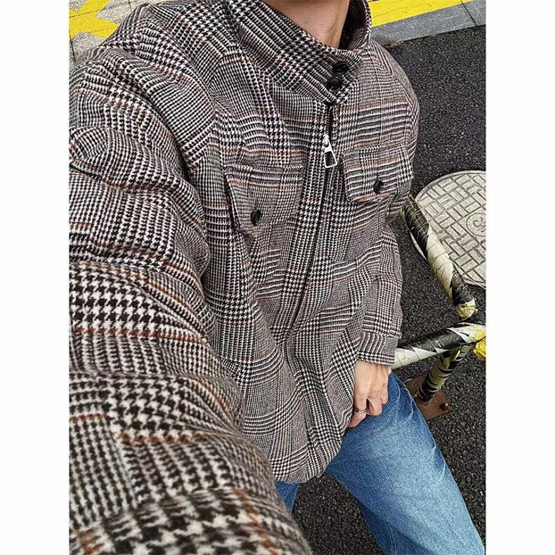 有货~冬季千鸟格夹棉加厚保暖立领棉衣棉服JM010常规P95加棉P110图片