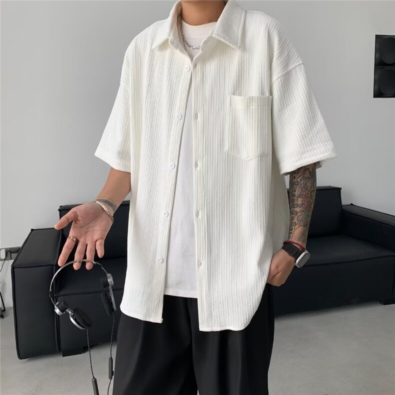 夏季潮牌薄荷绿垂感衬衫男短袖宽松大码潮流美式痞帅衬衣外套图片