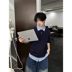 藏青色假两件短袖男款夏季潮牌衬衫拼接t恤重磅美式学院风polo衫，男装T恤，星座1210-1