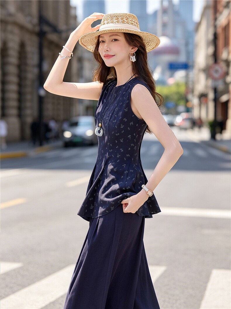 时尚无裙圆领小清新碎花小衫阔腿裤两件套气质优雅套装女,女装套装/套裙,水衣源