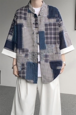 新中式拼接短袖衬衫男夏季风七分袖道袍盘扣外套DC28012P48，男装T恤，电商B312