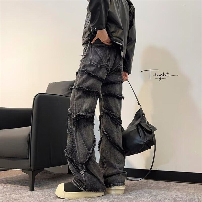 美式高街牛仔裤男士韩版潮流帅气拼接2025春季ins长裤RK2428-P63,男装牛仔裤,星座412-3