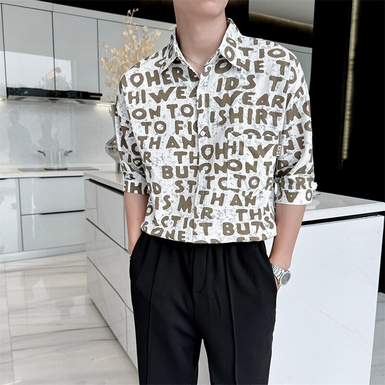 2025春季新款衬衫男士夏季七分袖衬衫印花棉质上衣男901-C39P58,男装衬衫,星座901