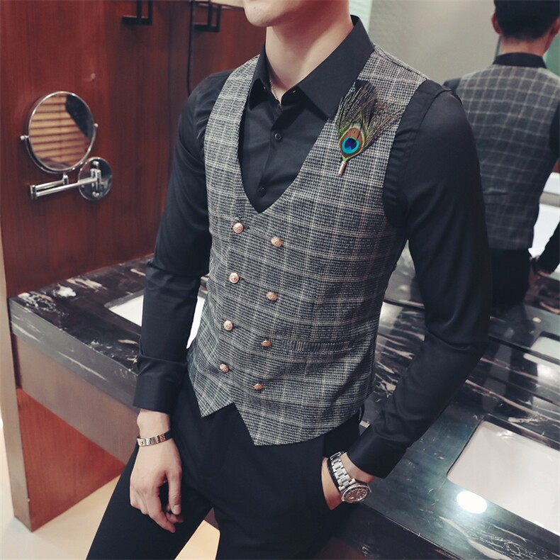 Y8753-2021羽毛装饰型男双排扣马甲工作服潮理发师休闲马甲P50，男装背心/马甲，星座717A