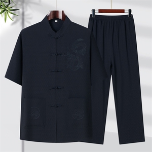 2025夏季薄款高端风绣花冰丝短袖衬衫唐装汉服套装9039-P85