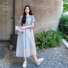 法式网纱拼接显瘦甜美连衣裙女2025夏季新款时尚轻奢百搭温柔长裙，女装连衣裙，2C283