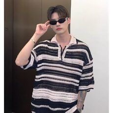 美式复古镂空条纹撞色针织polo衫宽松夏季新款翻领休闲短袖T恤男，男装T恤，星座506A