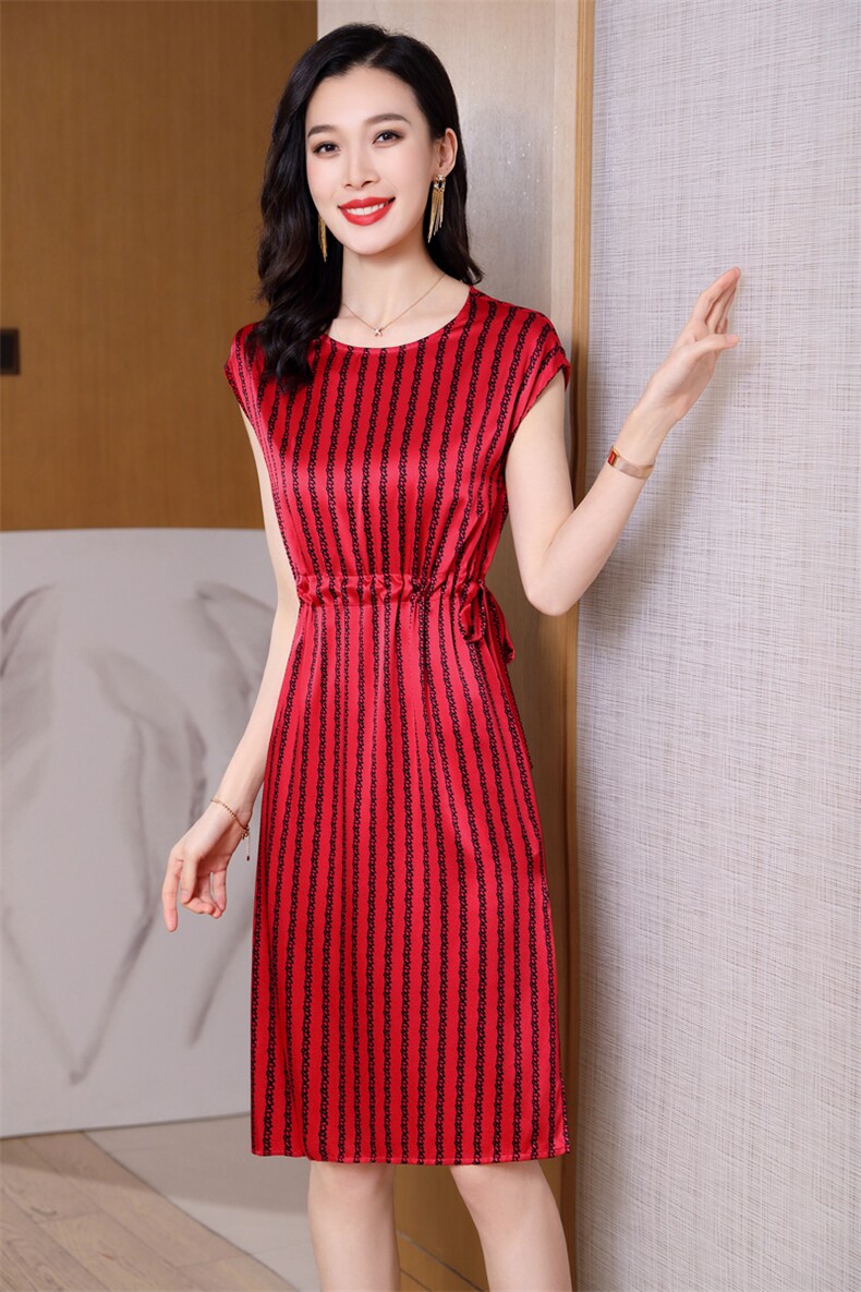 重磅真丝连衣裙女夏2025新款系带收腰显瘦气质条纹中长桑蚕丝裙子,女装连衣裙,阿舍尔精品