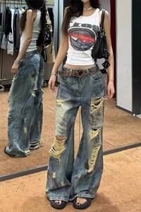 美式高街破洞直筒牛仔裤男女 休闲裤NK804/P48图片