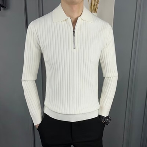 休闲轻奢翻领男polo衫简约纯色细条磨毛通勤针织毛衣图片