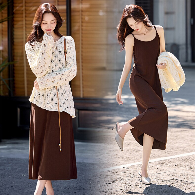 2025年秋季时尚气质针织衫镂空圆领上衣吊带裙两件套，女装套装/套裙，天丝秀