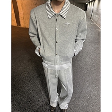 25秋冬男士条纹拼接假两件垫肩卫衣运动套装TZ23-衣服p88裤子p68，男装休闲套装，电商B288