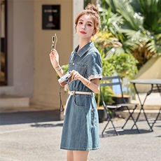 时尚蕾丝花边拼接牛仔连衣裙女2025夏季新款小个子超好看休闲裙子，女装连衣裙，美沁