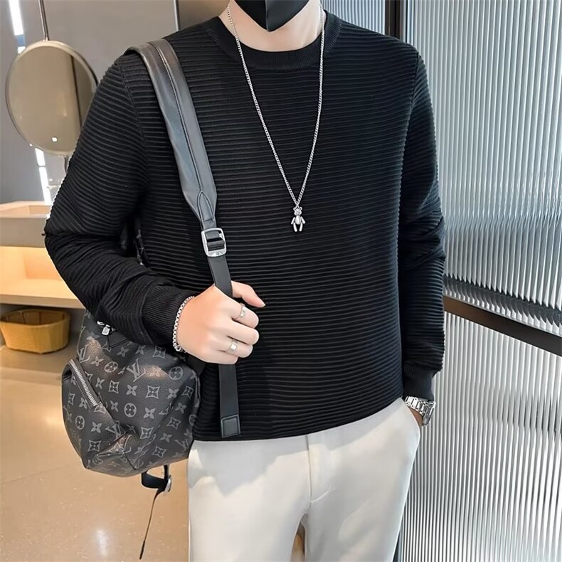 圆领针织衫男秋季2024新款套头上衣打底衫潮流休闲条纹毛衣男S803,男装针织衫/毛衣,星座1116A-2（原606A-1）