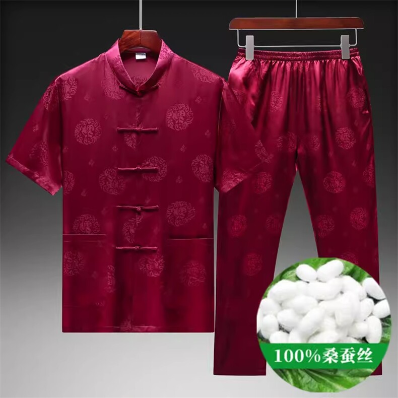 夏款高端唐装短袖长裤薄款绸缎两件套男休闲套装,男装T恤,钱塘6003B