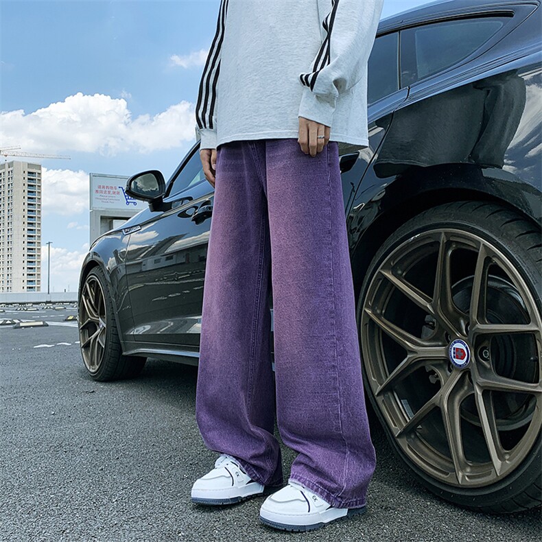 街头复古做旧水洗紫色牛仔裤男女中性风宽松bf直筒坠堕感拖地长裤,男装牛仔裤,星座410-7