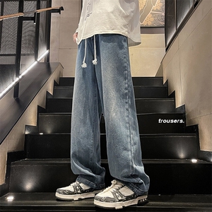 wassuphappy浅蓝色牛仔裤男春秋季潮牌水洗复古休闲裤阔腿长裤子