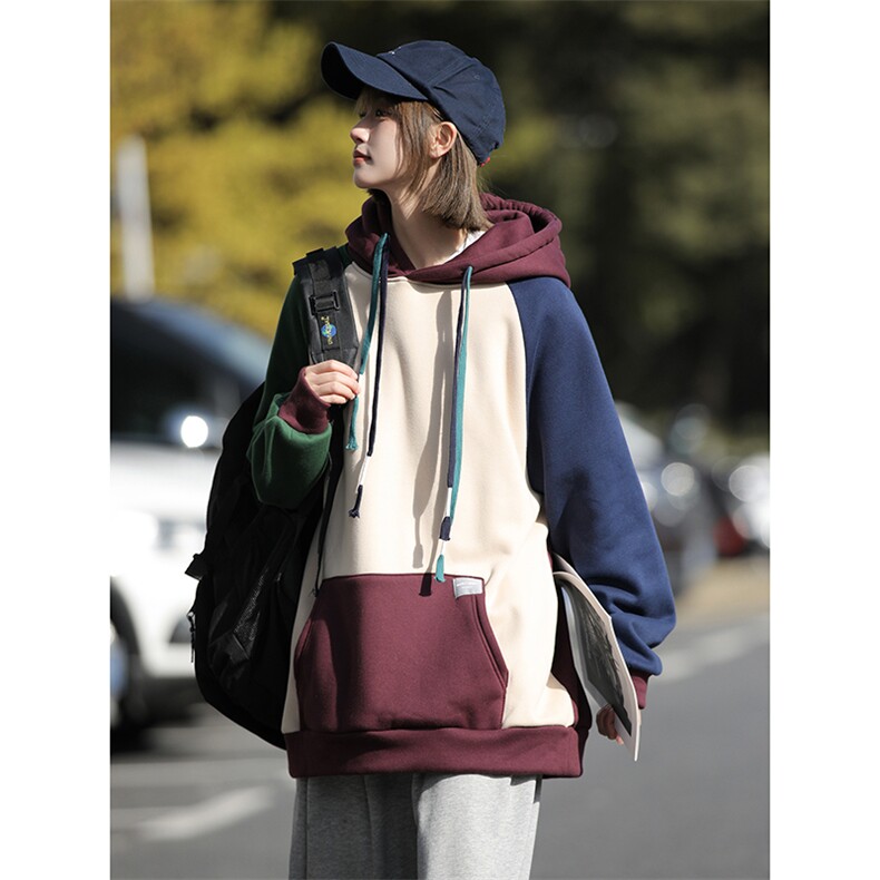 2026春季日系cityboy拼色插肩袖慵懒风上衣连帽卫衣HY270P65控98，男装卫衣，电商A102B