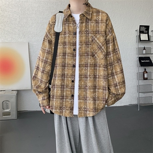 衬衫男秋季新款港风宽松大码磨毛格子扎染长袖衬衣CS506-P35图片