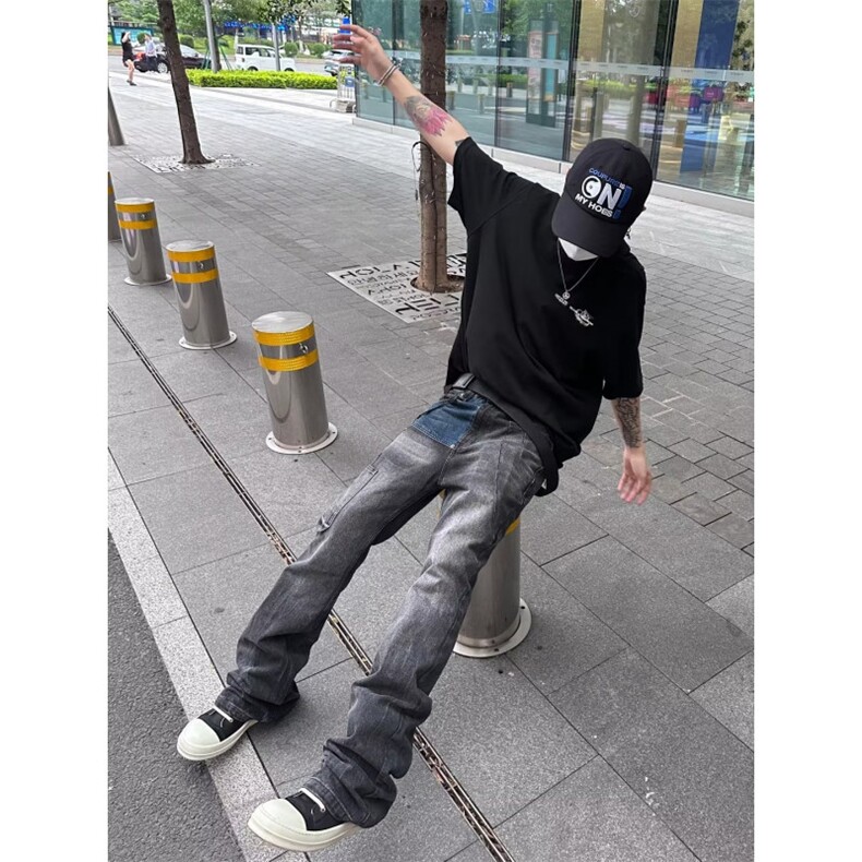 2026春复古多口袋做旧拼接牛仔裤宽松直筒阔腿裤子K60856-P50网图,男装牛仔裤,电商B245