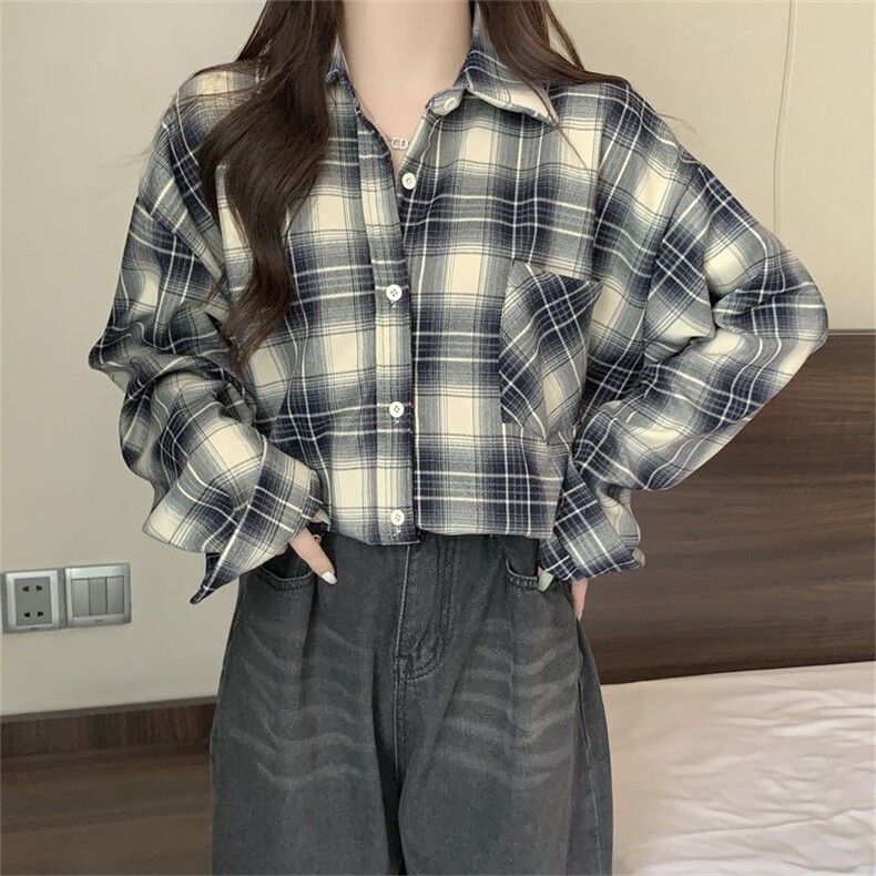 TC668-p45藏青格子上衣衬衫复古长袖防晒慵懒港风开衫衬衣,女装衬衫,星座617A-2
