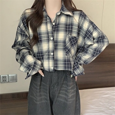 TC668-p45藏青格子上衣衬衫复古长袖防晒慵懒港风开衫衬衣，女装衬衫，星座617A-2