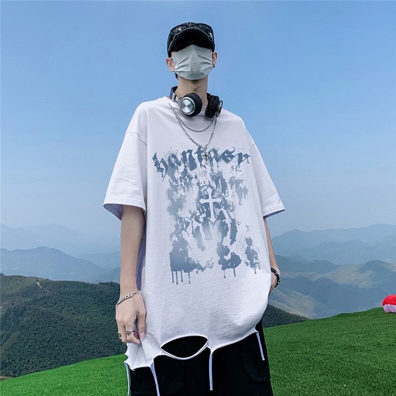 港风夏季时尚字母印花百搭流苏圆领水洗纯棉短袖T恤DT6340P45控68,男装T恤,电商A268A