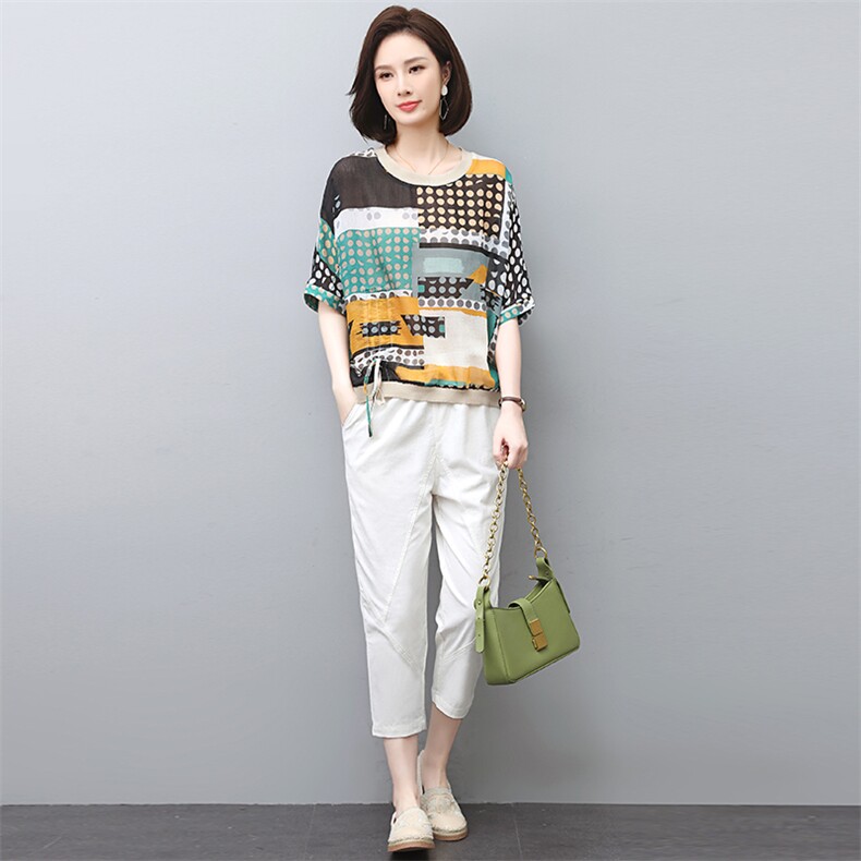 休闲套装女夏2023新款春秋时尚洋气时髦贵夫人妈妈棉麻职业两件套,女装套装/套裙,涵誉