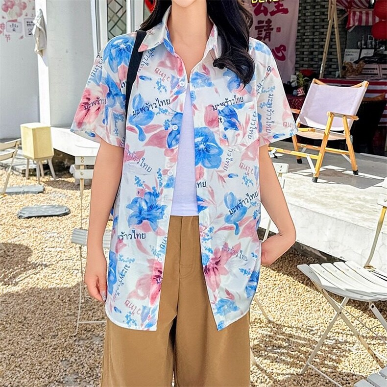 海边旅游度假风短袖花衬衫女夏威夷ins沙滩衬衣复古港风CS128/P30图片