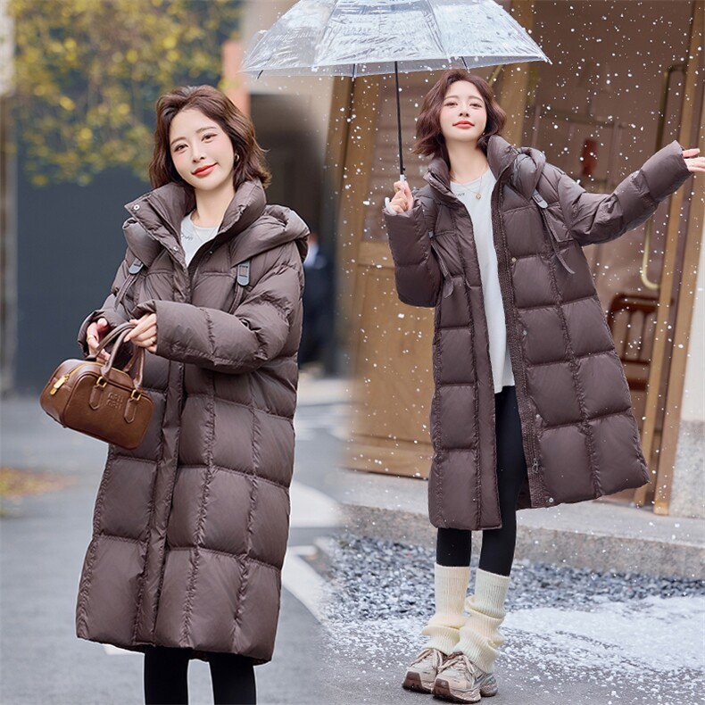 休闲宽松长款羽绒服女2024冬新款加厚保暖过膝气质连帽白鸭绒外套，女装羽绒服，E百度
