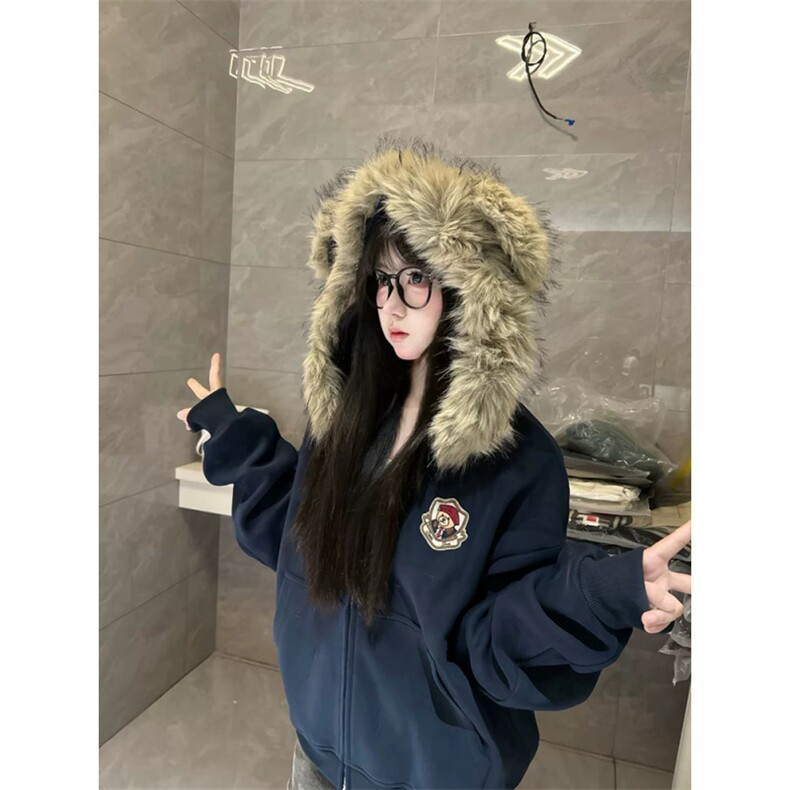 网图美式复古卡通熊耳朵毛领连帽卫衣男女休闲开衫拉链外套特P78,女装短外套,电商C306-1