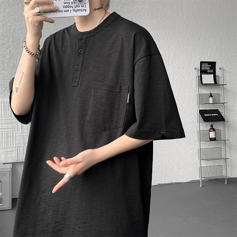 8XL-M亨利领亚麻短袖t恤男弹力大码宽松半袖开衩设计体恤DT002P45图片