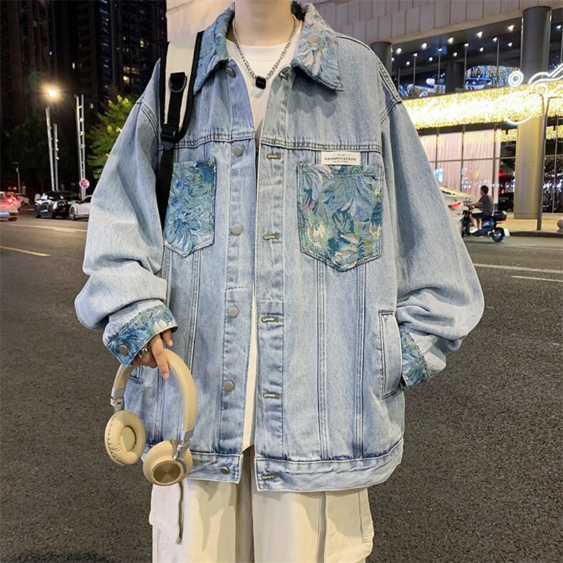 牛仔外套男韩版潮流秋季上衣宽松休闲提花领工装夹克ins港风,男装夹克,星座410-6（原星座1304-1）
