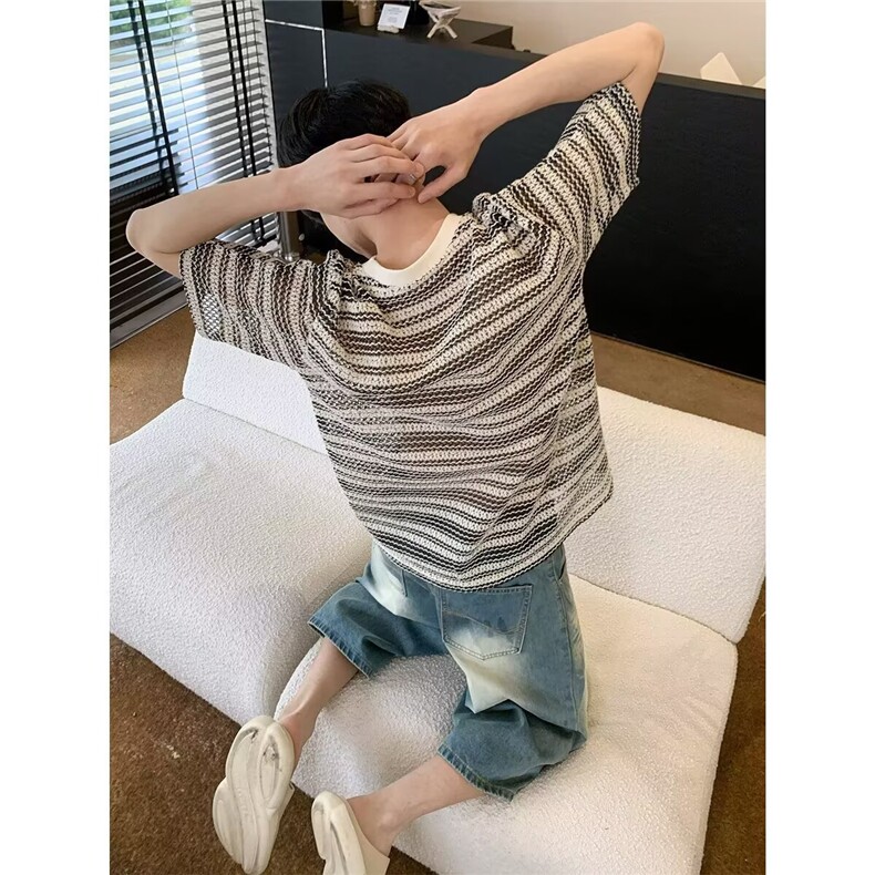 T1812-P28美式高级感条纹镂空短袖t恤男士夏季款潮牌痞帅,男装T恤,电商B323A
