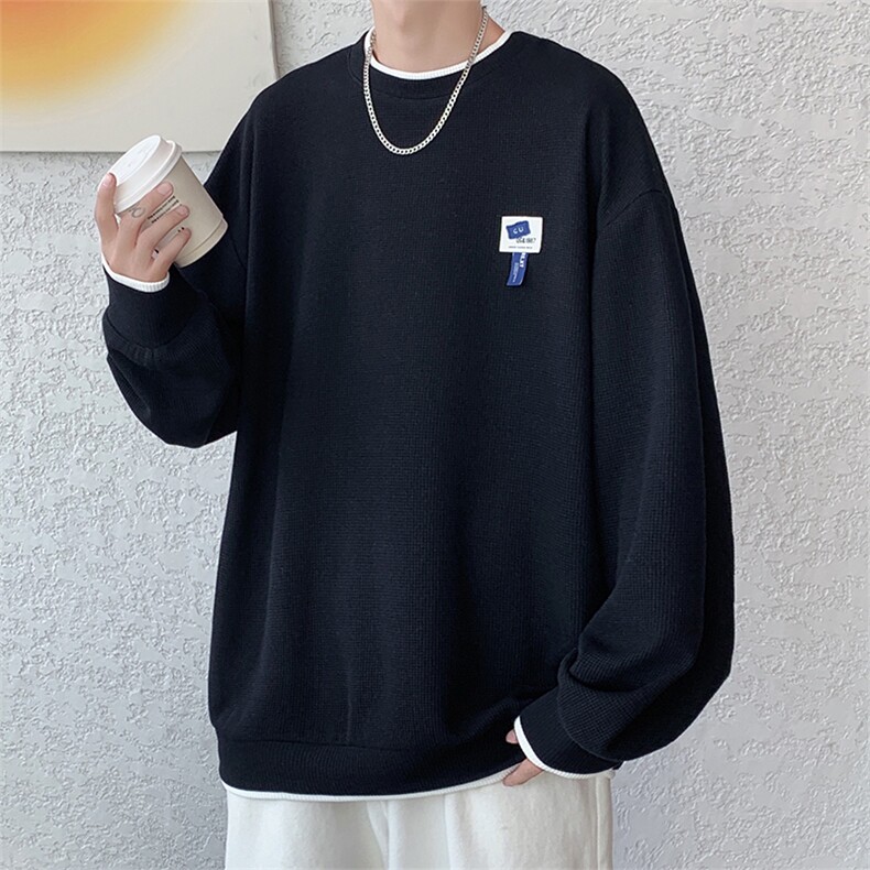 HQ1166-TP35-控价48华夫格假两件上衣男港风秋季新款贴标卫衣,男装卫衣,电商A102-1