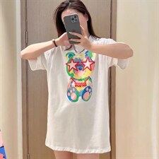 新款百搭减龄彩色五角星小熊发泡印花宽松显瘦短袖T恤，女装T恤，L·H·X