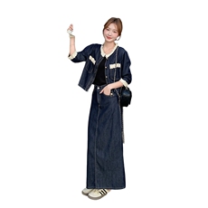 现货2D078-T1931-P165K248蕾丝花边拼接牛仔裙2件套装，女装套装/套裙，2D078