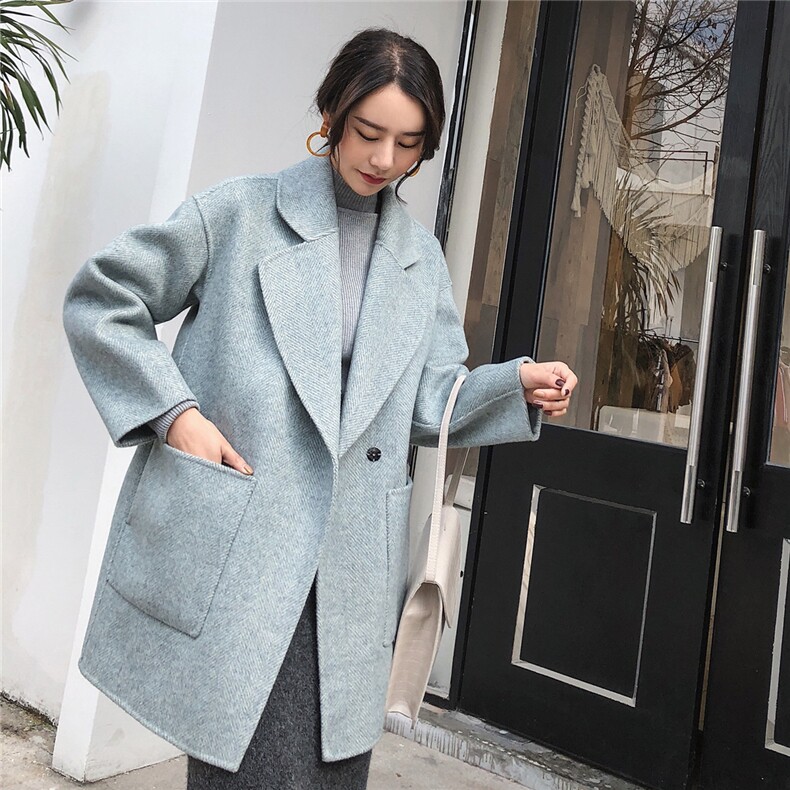 西装领2021春季新款修身时尚长袖中长款毛呢外套纯色，女装毛呢外套，微微衣阁