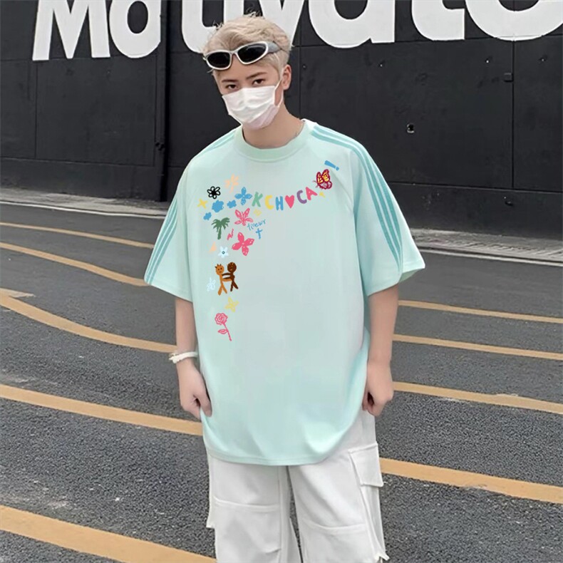 抖音得物品质二开240克宽松纯棉美式潮牌印花三条杠中性风短袖T恤,男装T恤,电商A486